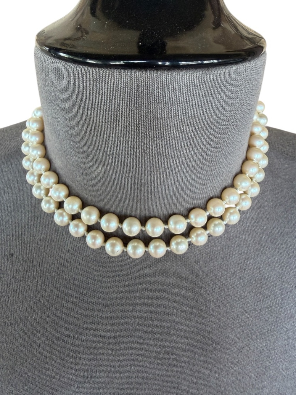 Vintage Double Strand Knotted Faux Pearl Choker Necklace with Rhinestone Clasp